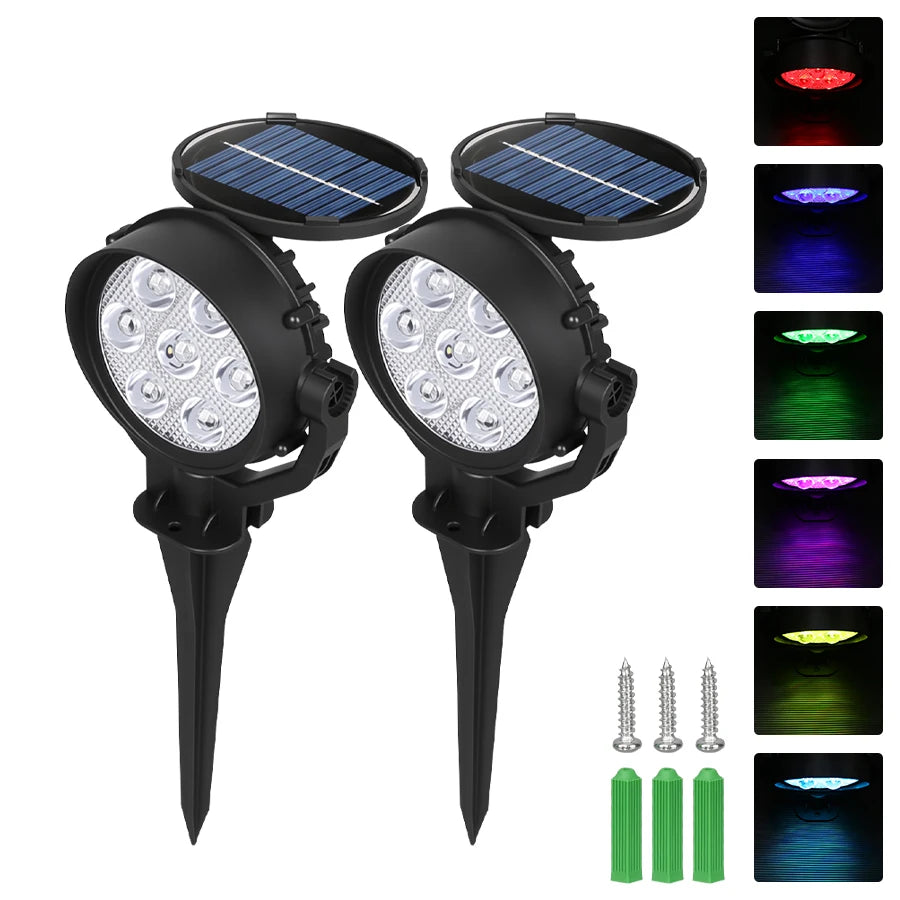 Solar LED Spotlight IP65 Waterproof 9 LED RGB 3 Lighting Modes 180 Degree Adjustable ABS Stake or Wall Mount Garden Yard Landscape