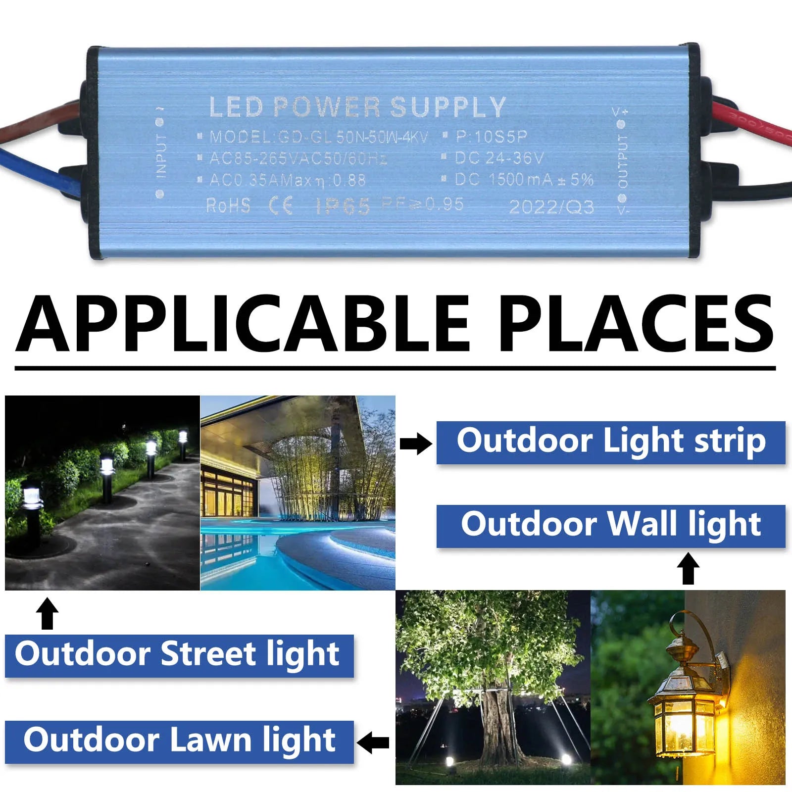 50W IP65 Waterproof LED Driver AC 85-265V to DC 24-36V 1500mA Constant Current Floodlight