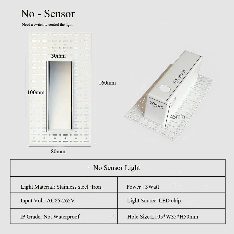 Frameless LED Recessed Step Stair Wall Light 3W PIR Motion Sensor or No Sensor AC 100-240V Warm White Natural White Cool White White Black Indoor