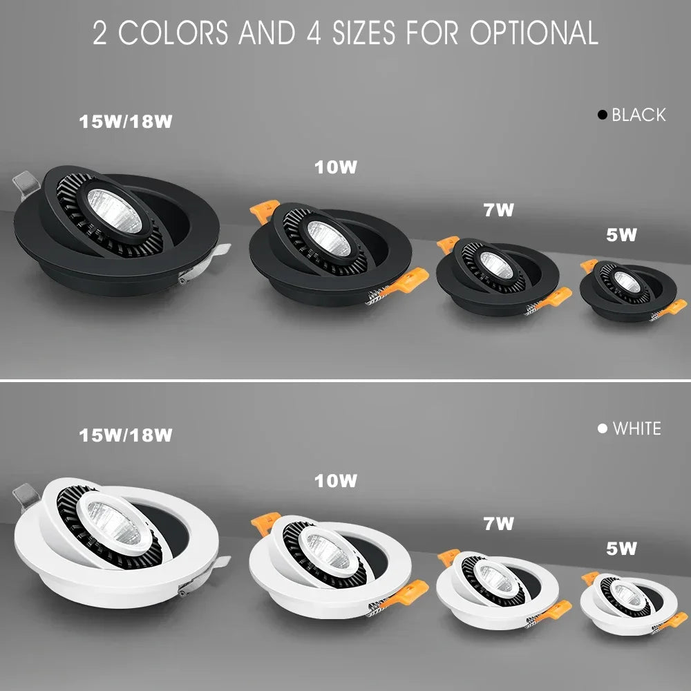 5W-18W Angle-Adjustable COB LED Recessed Downlight 360° Epistar CRI 90+ 110lm/W AC 85-265V
