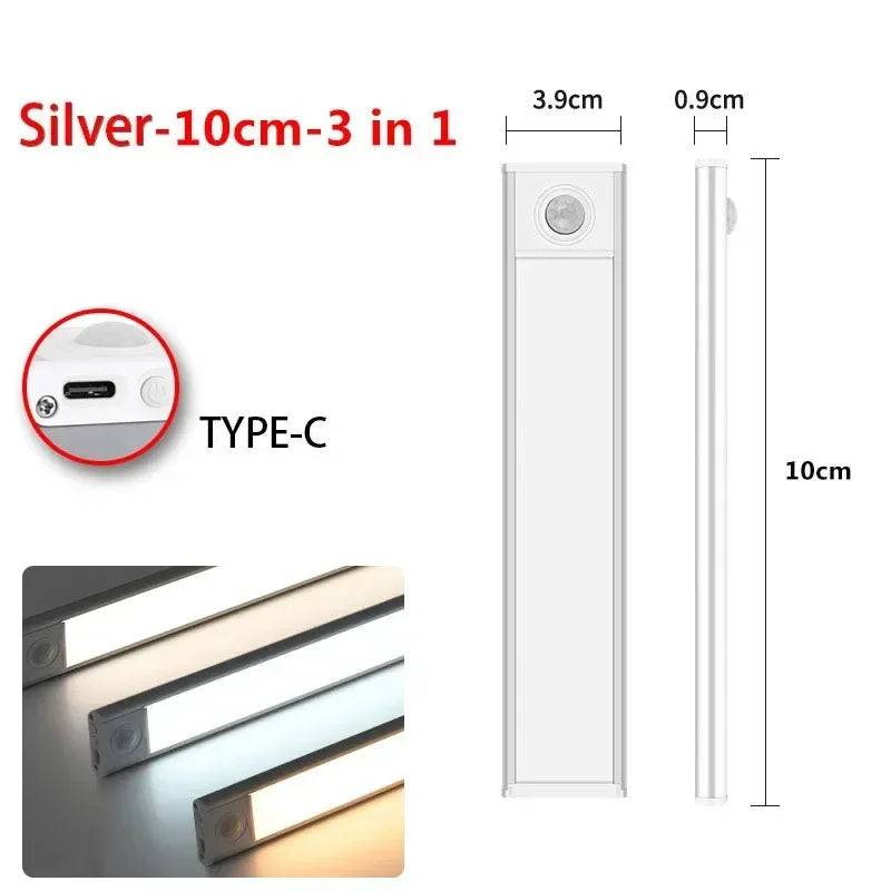 Ultra Thin Rechargeable LED Under Cabinet Light Motion Sensor 54 LED 3 Color Temperatures Stepless Dimming Magnetic Mount Type-C 20cm to 60cm