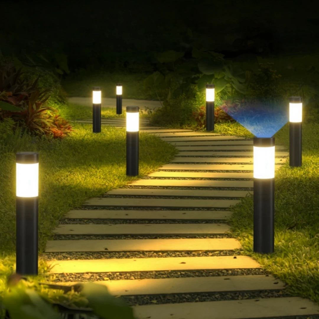 Solar LED Cylindrical Pathway Lawn Light IP65 Waterproof Stainless Steel Plastic Polycrystalline Panel Garden Walkway 2 Sizes