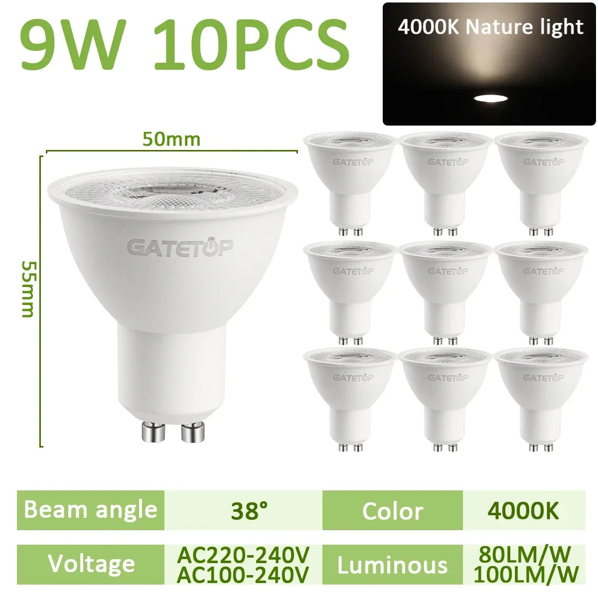 GU10 LED Spotlight Bulb SMD 2835 9W 38 or 120 Degree CRI 80 AC 100-240V No Flicker Track Lighting Living Room 10 Pack