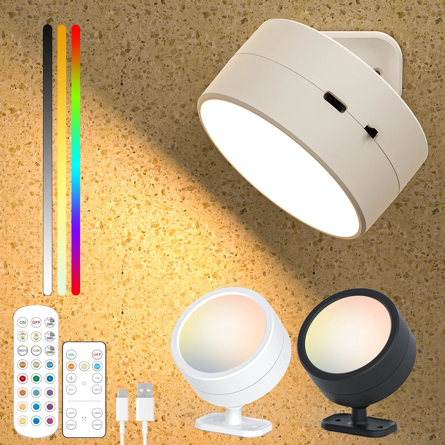 Rechargeable Magnetic LED Wall Lamp 360 Degree Rotating Touch and Remote Control Dimmable USB 5V 1.8W Bedroom Living Room