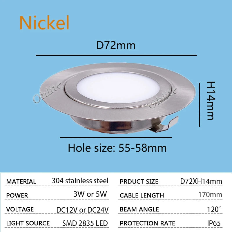 IP65 Mini Slim LED Recessed Downlight DC 12V 24V 3W 5W SMD 2835 304 Stainless Steel