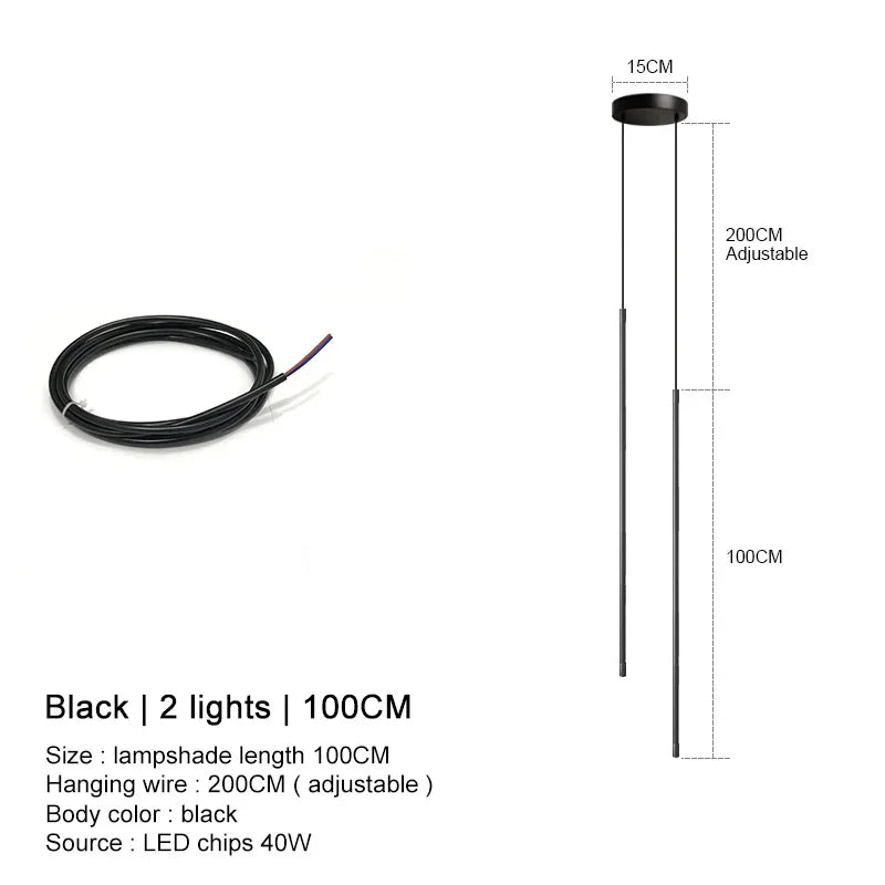Modern Linear LED Chandelier Pendant Light 3 Head Black Brushed Aluminum Adjustable Wire Dining Room Kitchen Island
