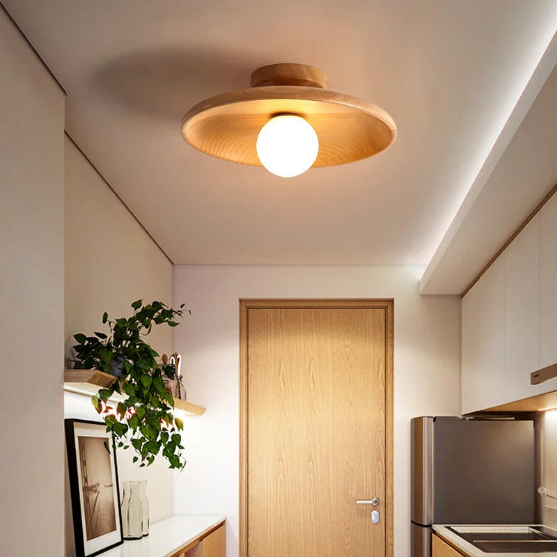 Nordic Japanese Bamboo Wood Glass LED Ceiling Lamp E26 E27 Surface Mount AC 90-260V Corridor