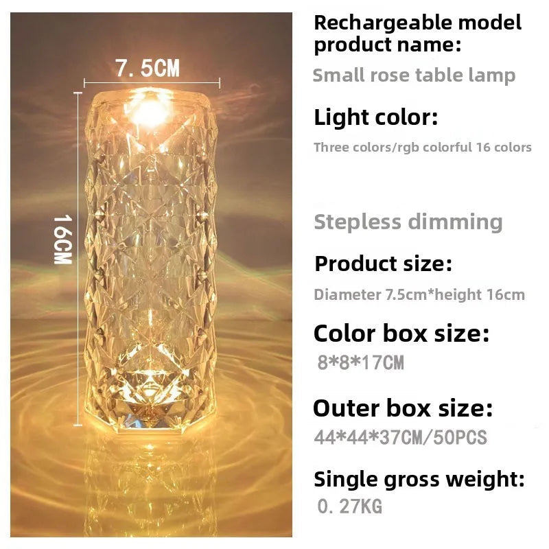 Crystal Rose LED Desk Lamp USB Rechargeable 5W Touch Switch 3 Color Temperatures ABS Acrylic Bedroom Bedside Night Light