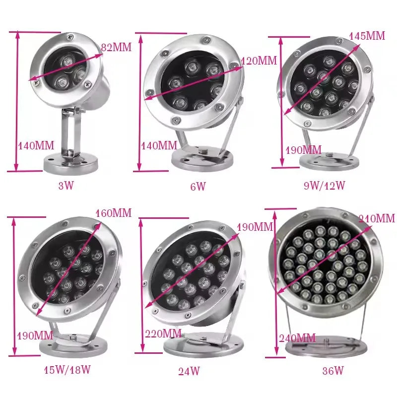 IP68 LED Underwater Pool Light 3W-24W DC 24V 180° RGB Remote Stainless Steel Tempered Glass