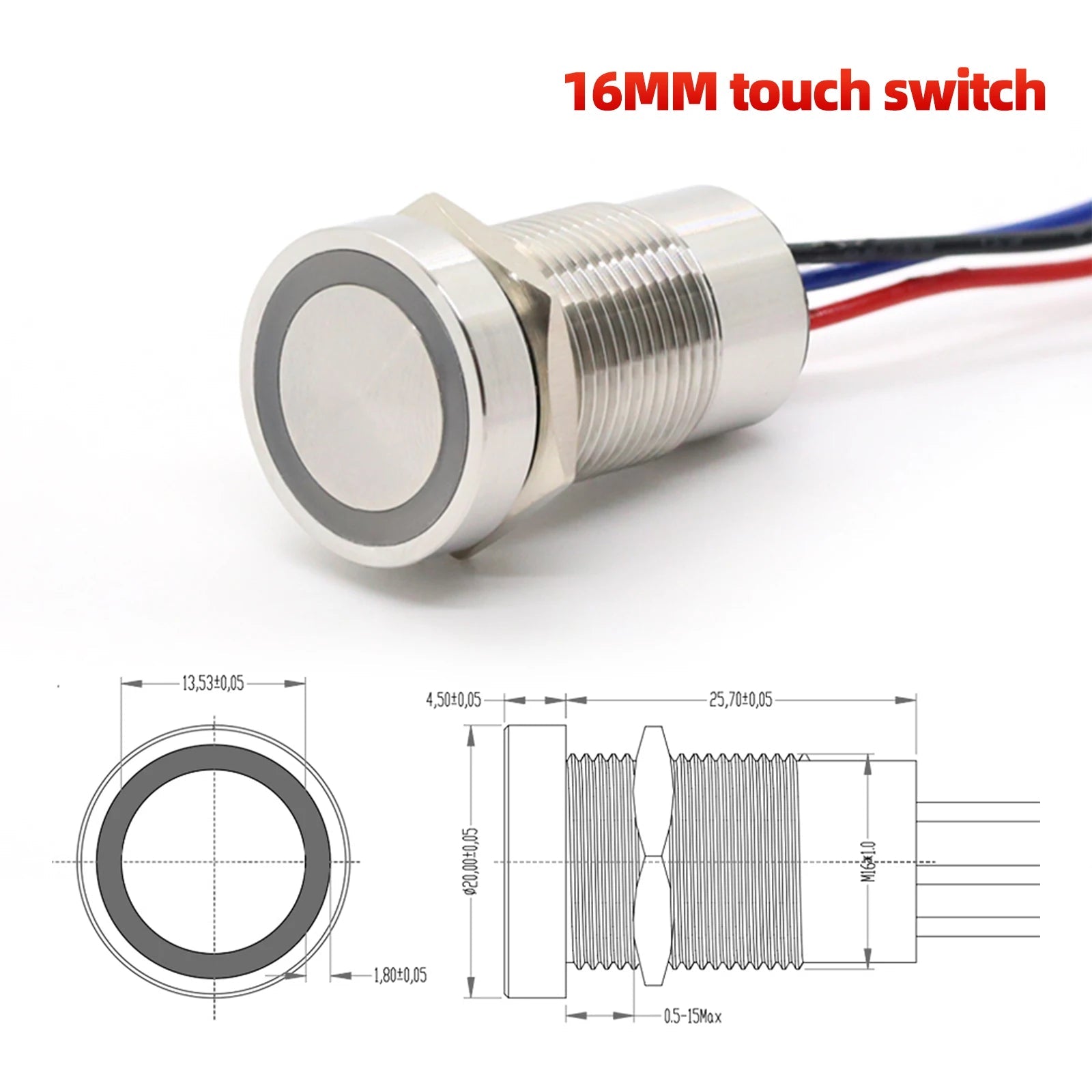 IP68 IP69K Capacitive Touch Push Button Switch 16mm 18mm 22mm 5V 12V 24V DC Momentary or Latching Red Green Bicolor LED Plastic