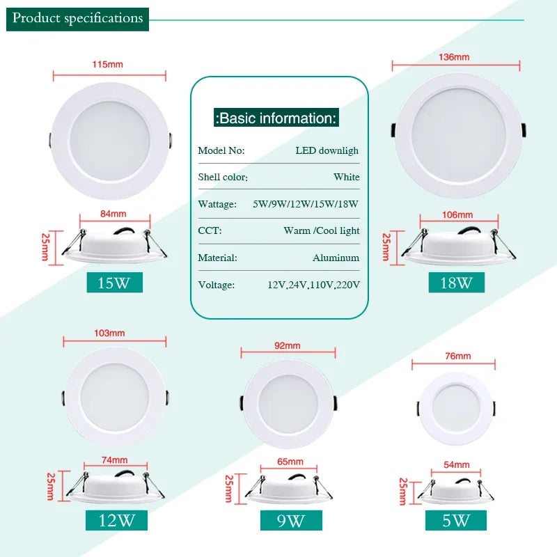 LED Recessed Downlight 5W 9W 12W 15W 18W Epistar DC12V DC24V AC110V 120° 4 Pack