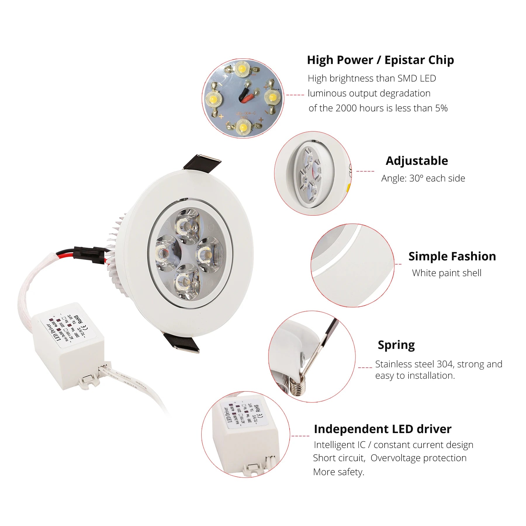 Multi-LED COB Recessed Downlight 9W-21W 30° Dimmable AC 110-220V White Black Silver 68-98mm