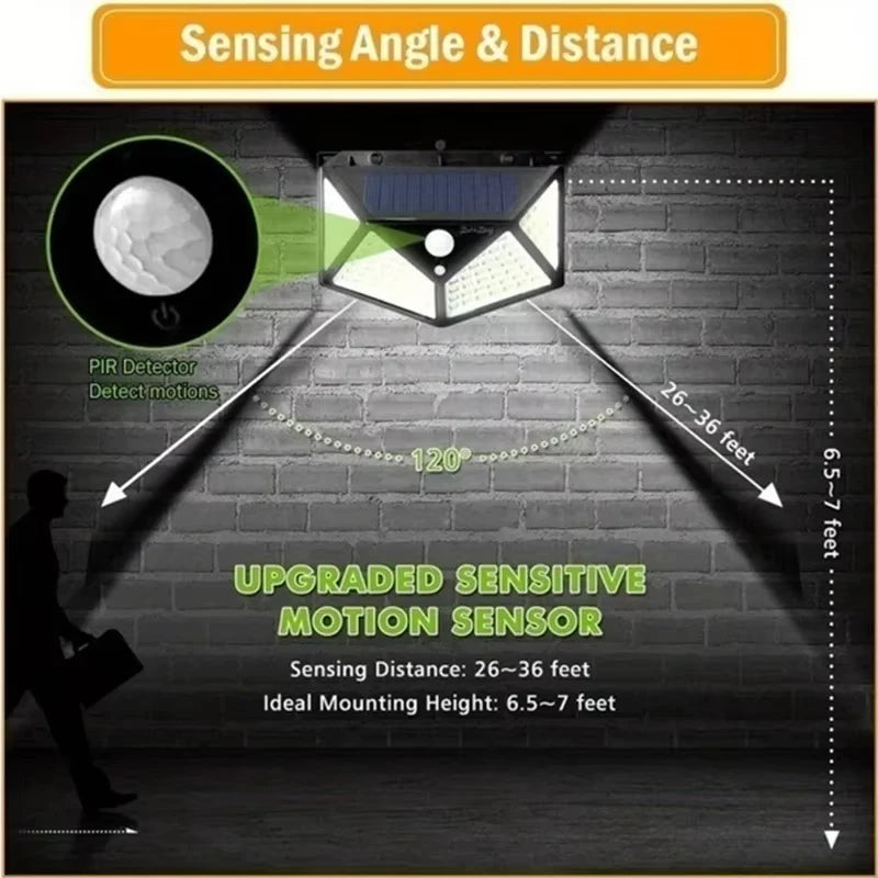 Solar LED Outdoor Wall Light 100 LED PIR Motion Sensor IP65 Waterproof 4-Mode Garden