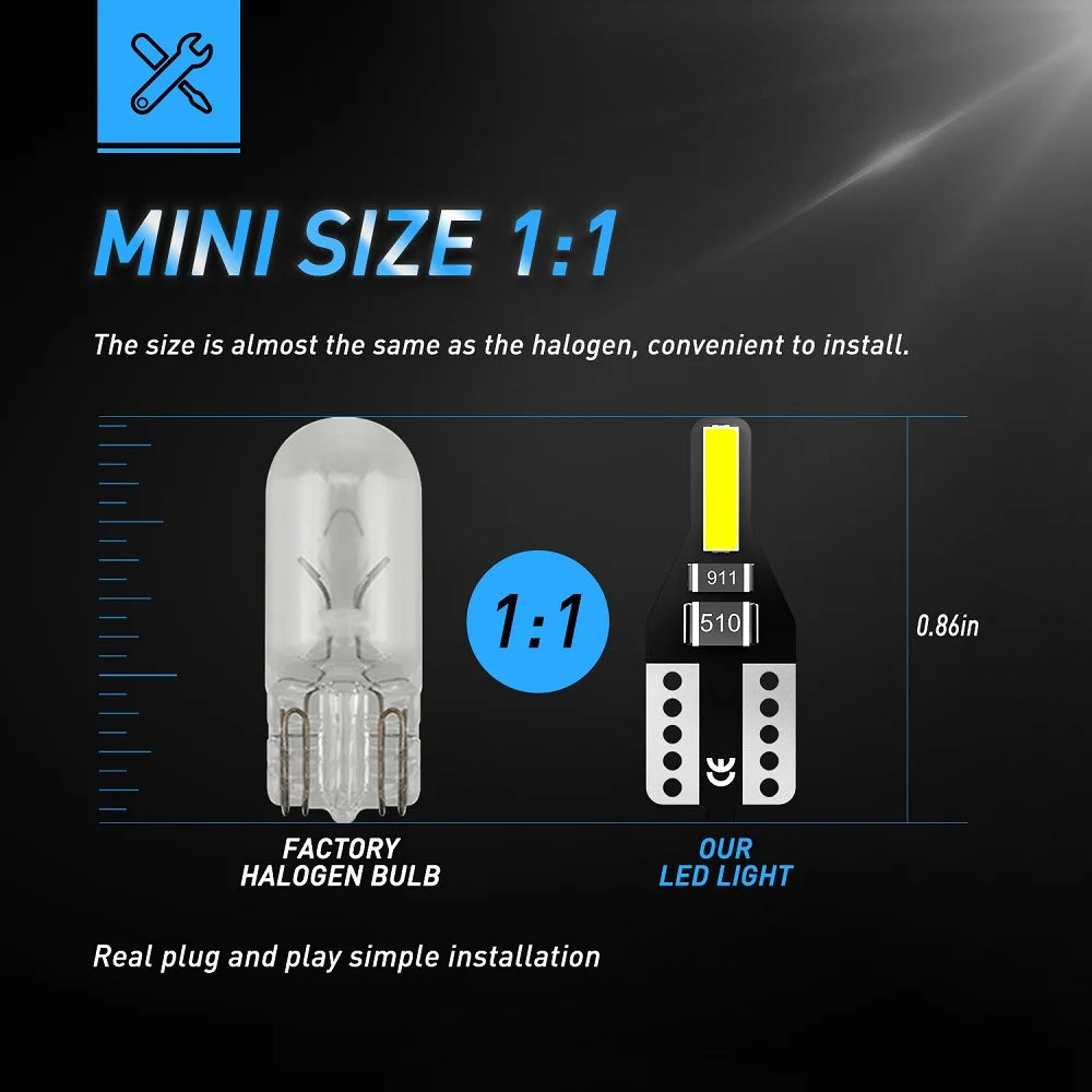 T10 W5W 194 LED Bulb 2-SMD7020 100lm DC 12-14V Car Interior Dome Map License Plate 10-Pack