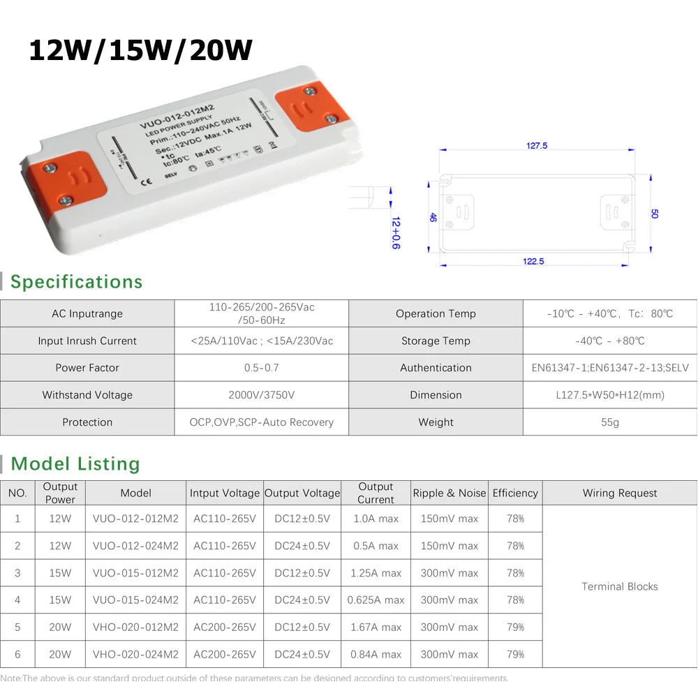 Ultra-Slim LED Driver Transformer 6W 12W 15W 20W 30W 50W 60W AC 110-240V to DC 12V 24V
