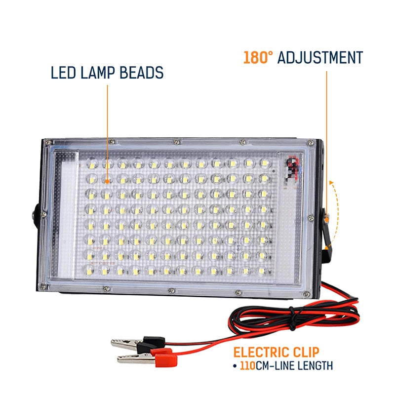 DC 12V LED Portable Flood Light 50W 100W Battery Clip 100lm/W CRI 85+ Camping Emergency Lamp