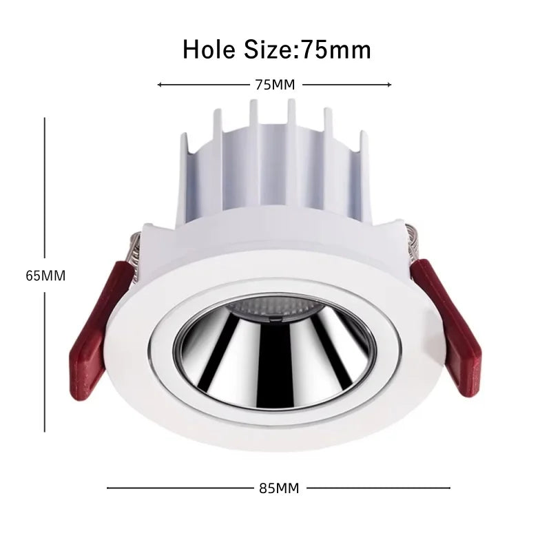 Dimmable COB LED Recessed Downlight 9W 12W 15W 18W CRI 92+ 24° 36° 75mm AC 85-265V