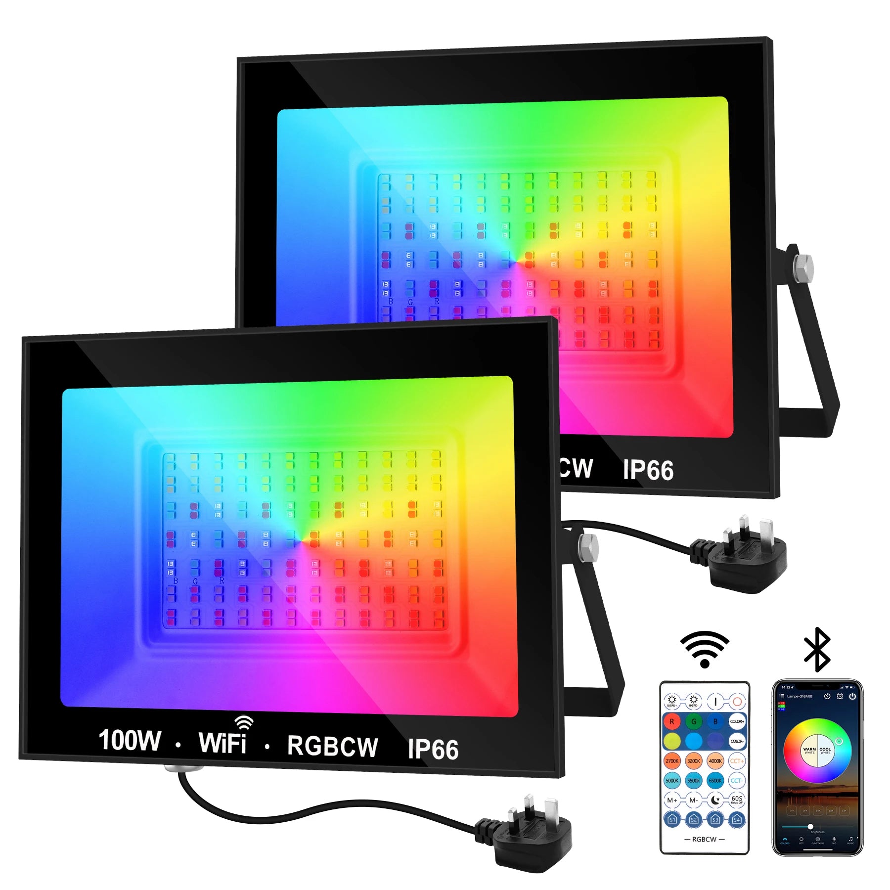 RGBCW Smart LED Flood Light 30W 60W 100W App Remote IP66 US Plug 110-130V Outdoor Garden