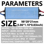 50W IP65 Waterproof LED Driver AC 85-265V to DC 24-36V 1500mA Constant Current Floodlight