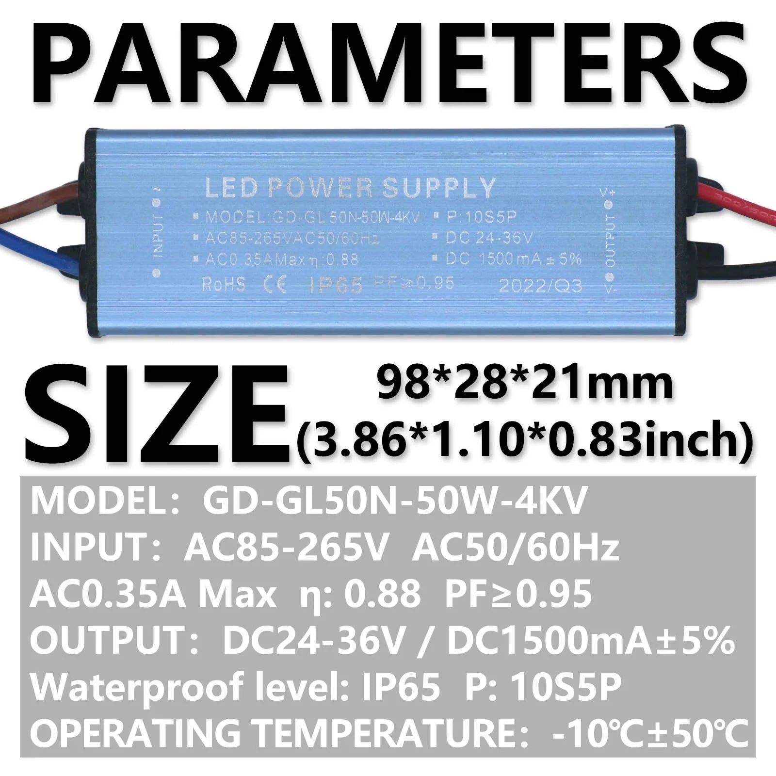 50W IP65 Waterproof LED Driver AC 85-265V to DC 24-36V 1500mA Constant Current Floodlight