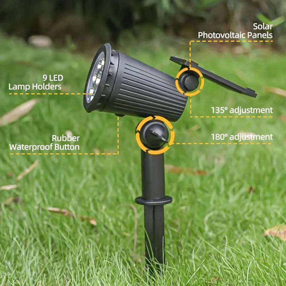 Solar LED Spotlight IP65 Waterproof 9 LED RGB 3 Lighting Modes 180 Degree Adjustable ABS Stake or Wall Mount Garden Yard Landscape