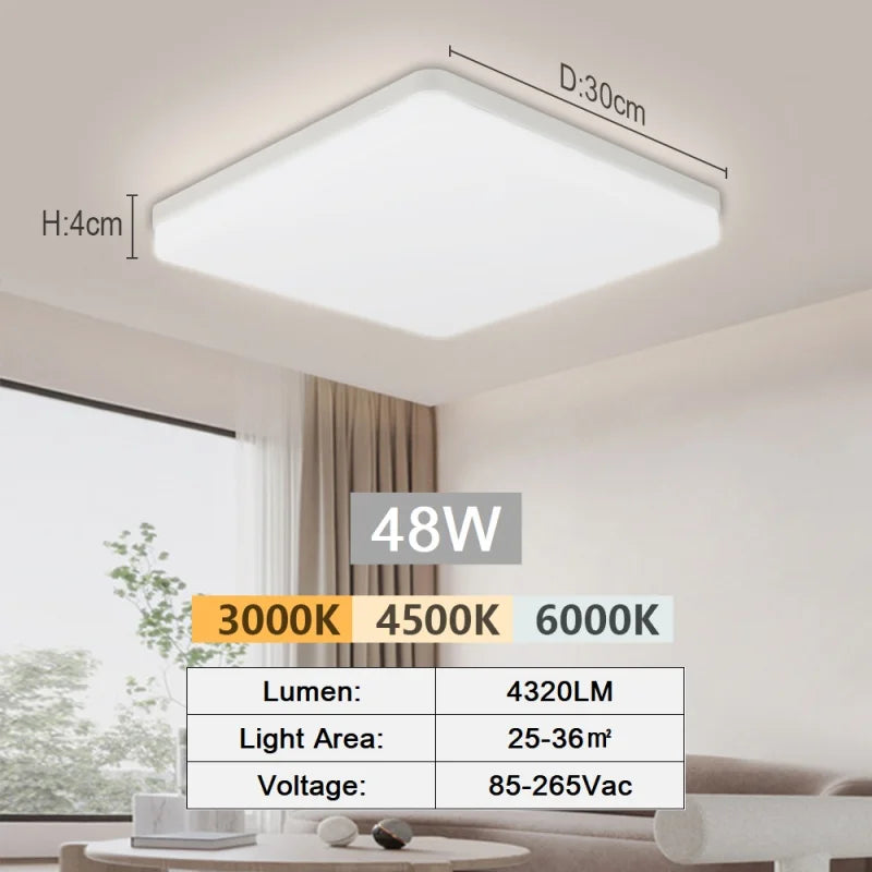 Ultra-Thin LED Flush Mount Ceiling Light 48W 6500K Square Iron Acrylic AC 90-260V