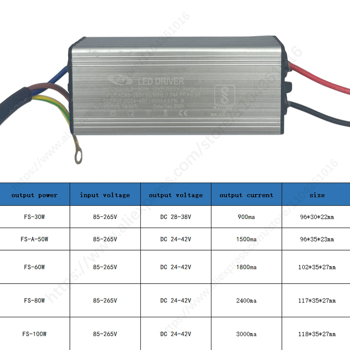 Constant Current LED Driver 30W 50W 60W 80W 100W AC 85-265V DC 24-42V Power Supply