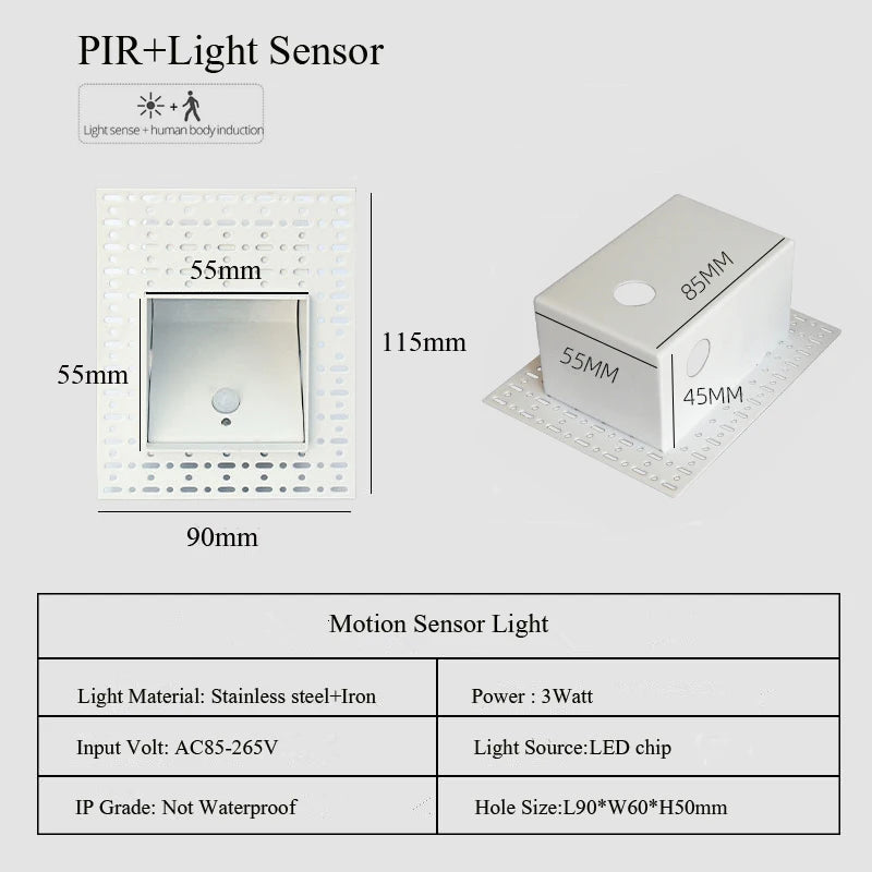 Frameless LED Recessed Step Stair Wall Light 3W PIR Motion Sensor or No Sensor AC 100-240V Warm White Natural White Cool White White Black Indoor