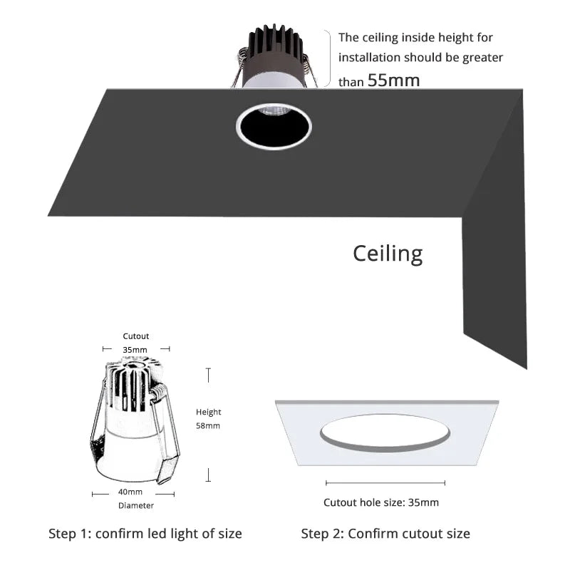 2-Pack 3W 5W COB LED Downlight 35mm Cutout 24° UGR13 CRI 90+ Triac Dimmable