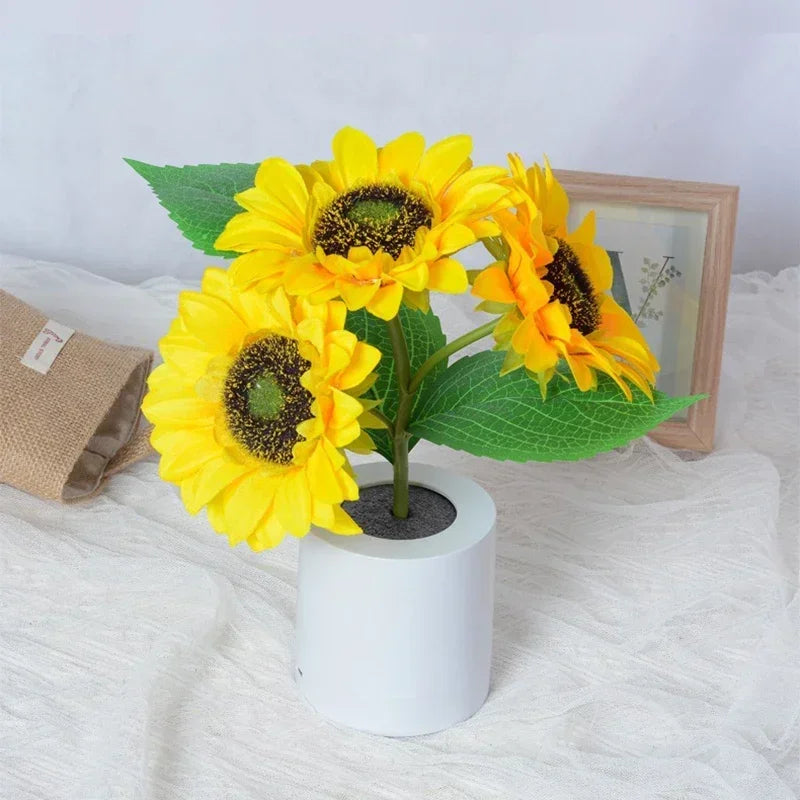 Sunflower LED Night Light USB Rechargeable 1W Warm White 2 Brightness Modes Silk Cloth Plastic Bedroom Bedside Table Lamp