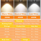 Dimmable COB LED Recessed Downlight 3W 5W 7W 9W 12W 15W 18W 24W Epistar 60° CRI 85+ 85-265V