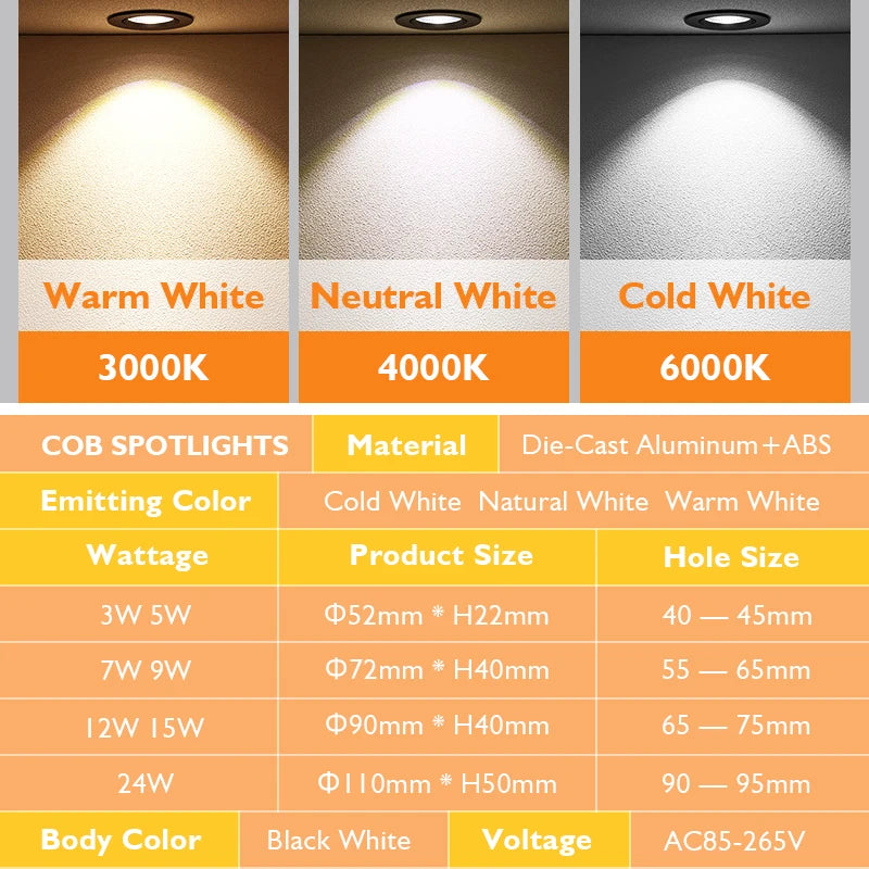 Dimmable COB LED Recessed Downlight 3W 5W 7W 9W 12W 15W 18W 24W Epistar 60° CRI 85+ 85-265V