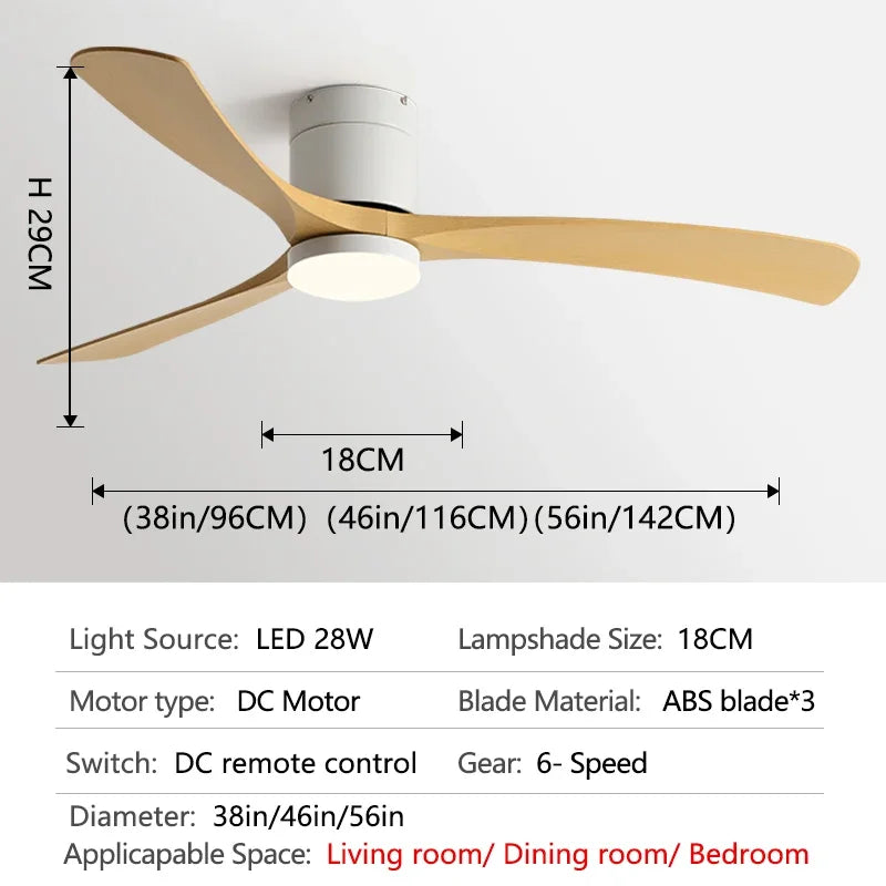 DC Motor Ceiling Fan with Light 38 46 56 Inch 3 Blade Remote Control AC 110-220V
