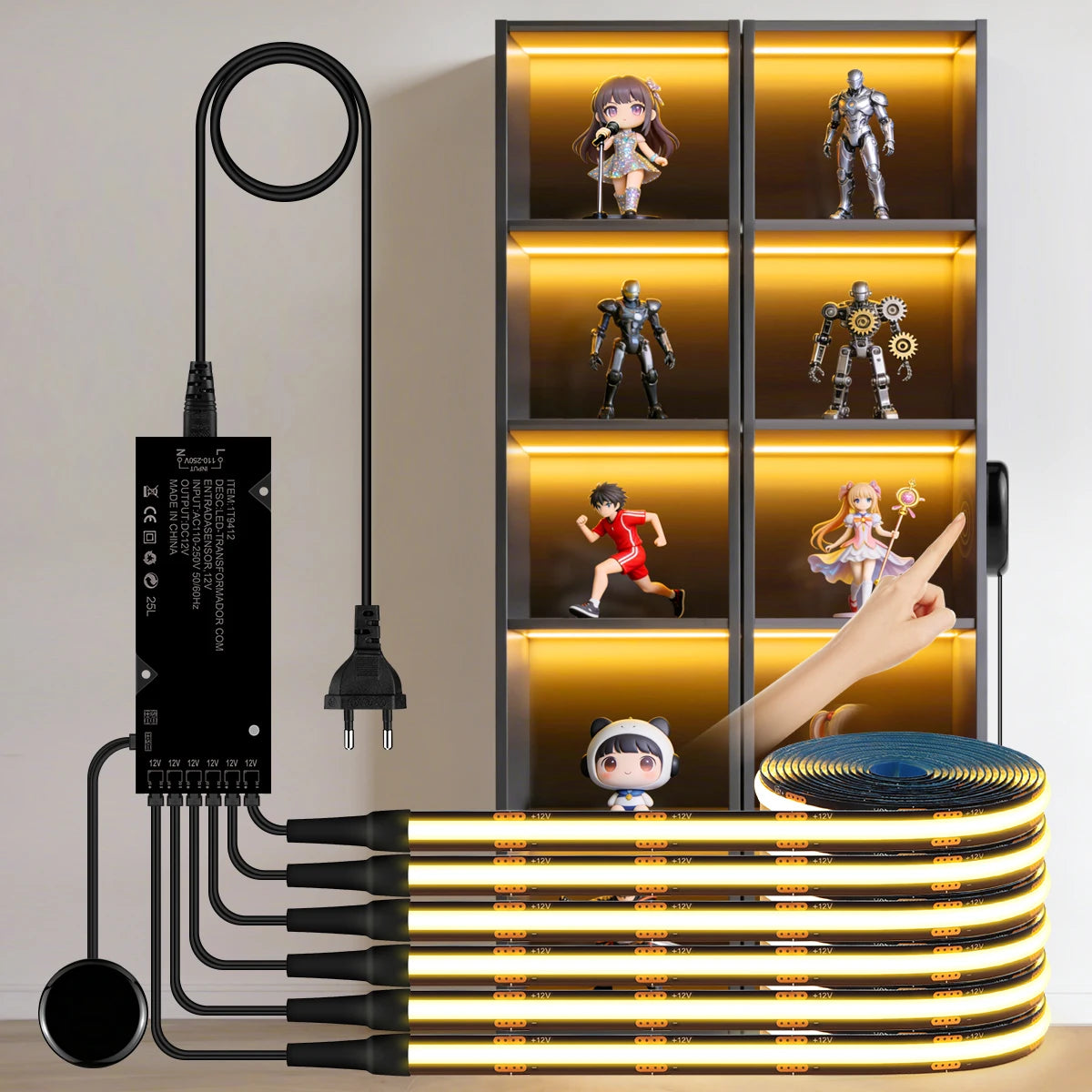 COB LED Strip Light Kit DC 12V Touch Dimmer Switch 100cm 200cm 300cm Warm White Neutral White Acoustic Panel Cabinet Shelf Decor