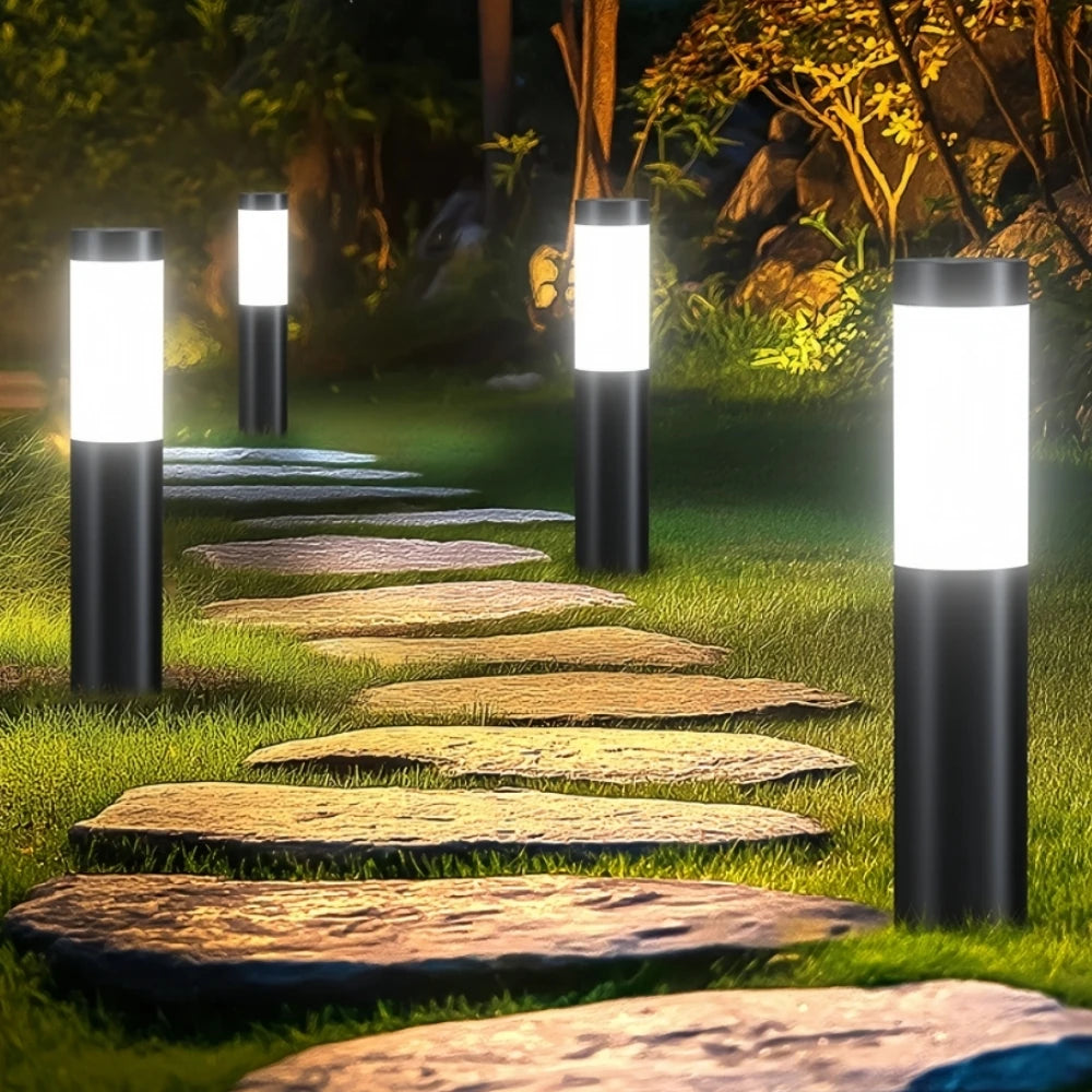 Solar LED Cylindrical Pathway Lawn Light IP65 Waterproof Stainless Steel Plastic Polycrystalline Panel Garden Walkway 2 Sizes
