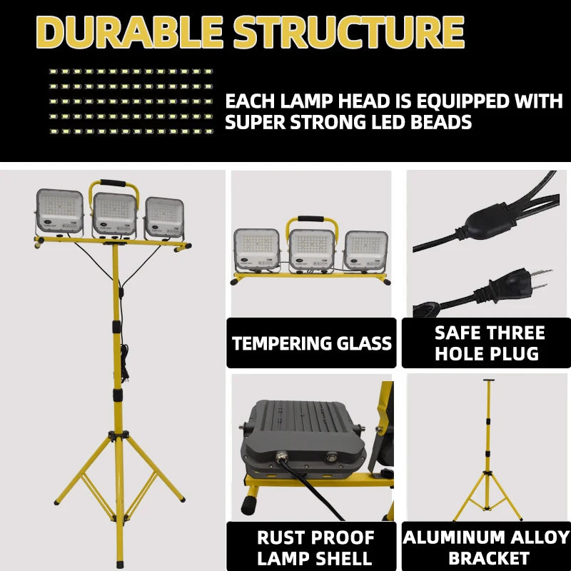 Portable LED Tripod Work Light IP66 Telescopic Collapsible Aluminum Alloy AC 85-265V Camping