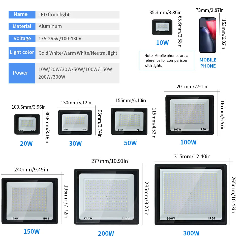 LED Flood Light 10W 20W 30W 50W 100W 150W 200W 300W IP66 Waterproof AC 110-220V