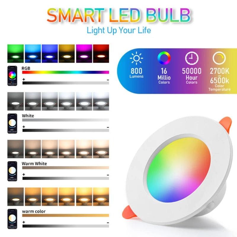 Smart RGB LED Recessed Downlight 10W 15W Bluetooth App Voice Wall Switch Dimmable 16 Colors 2700K to 6500K AC 85-265V Ceiling Spot