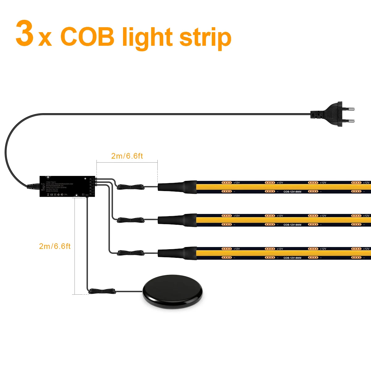 COB LED Strip Kit 8mm Black PCB 100-300cm Touch Dimmer Through-Wood AC 100-240V DC 12V