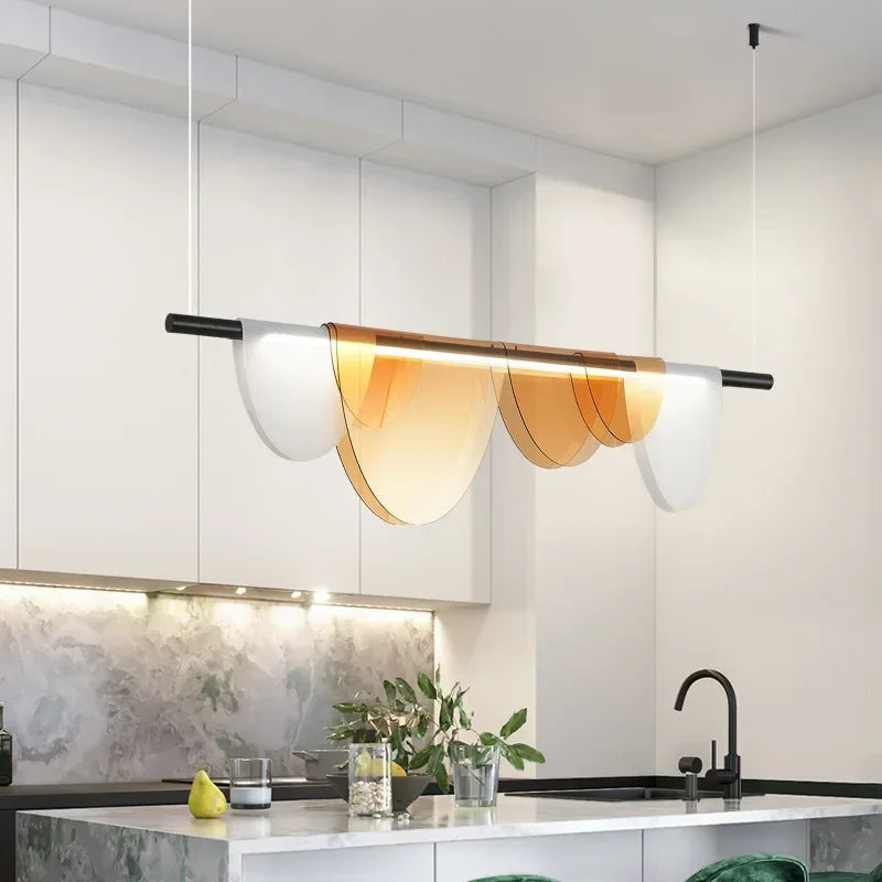 Nordic Minimalist Linear LED Chandelier Iron Acrylic Semi Flush Mount Touch Switch 3 Color Temperatures AC 90-260V Dining Room Bar