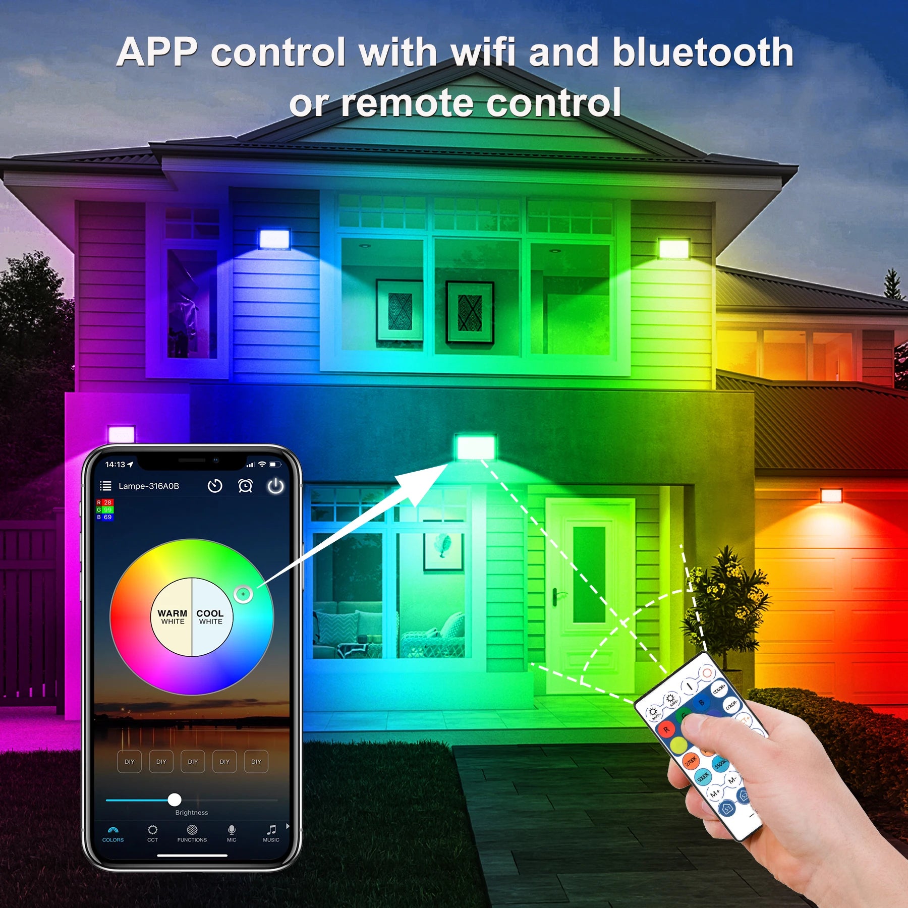 RGBCW Smart LED Flood Light 30W 60W 100W App Remote IP66 US Plug 110-130V Outdoor Garden