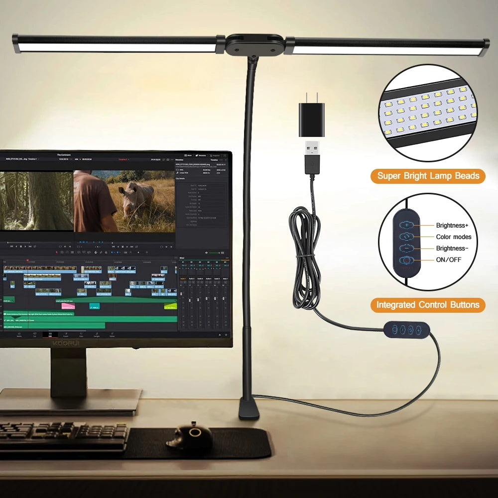Double-Head Clip LED Desk Lamp 3-Color Mode 10 Dimming Levels Touch Switch AC 90-260V