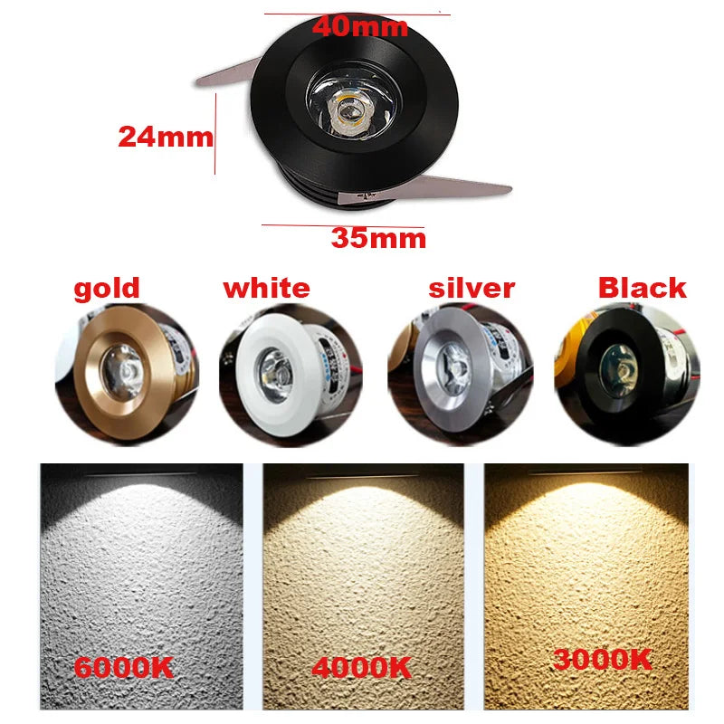 Dimmable Mini LED Recessed Downlight 1W 3W Polished Chrome Aluminum 35mm Cutout AC 85-265V Ceiling Spot Bedroom