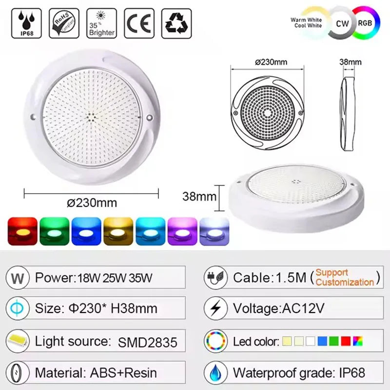 IP68 RGB LED Swimming Pool Light 18W 25W 35W DC 12V Wall Mounted Remote Control ABS PC Resin Filled D230mm Spa Pond Villa