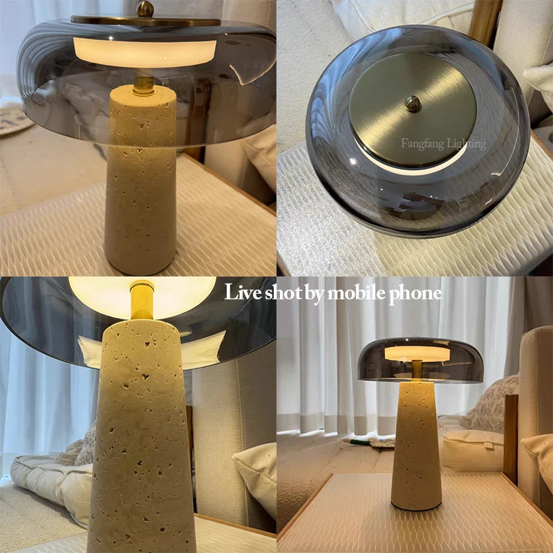 Mushroom Travertine Natural Stone Table Lamp 12W LED Glass Acrylic Shade AC 85-265V