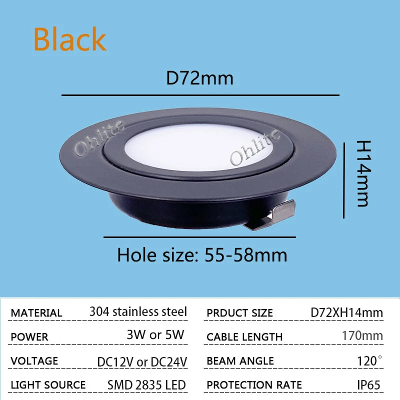 IP65 Mini Slim LED Recessed Downlight DC 12V 24V 3W 5W SMD 2835 304 Stainless Steel