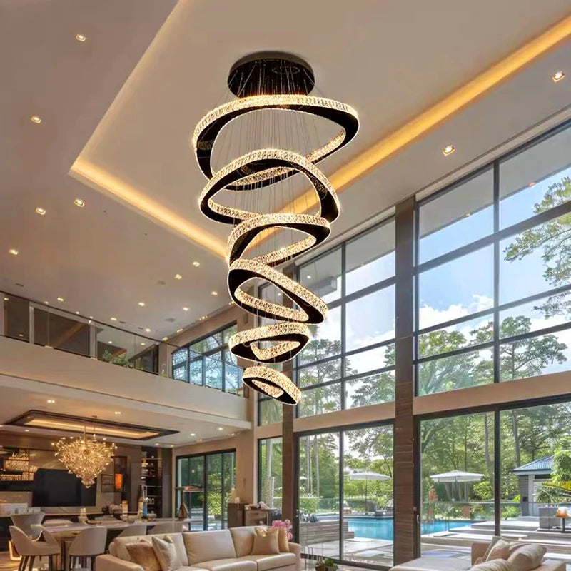 Modern Crystal LED Chandelier Stainless Steel Polished Cord Pendant Remote Control Dimmable AC 90-265V Villa Living Room Staircase
