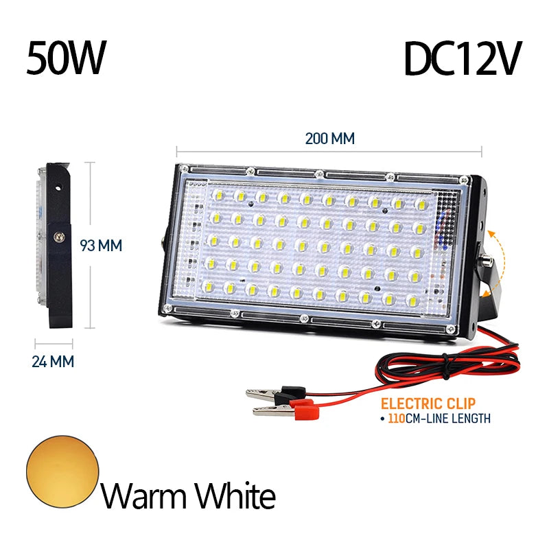 DC 12V LED Portable Flood Light 50W 100W Battery Clip 100lm/W CRI 85+ Camping Emergency Lamp