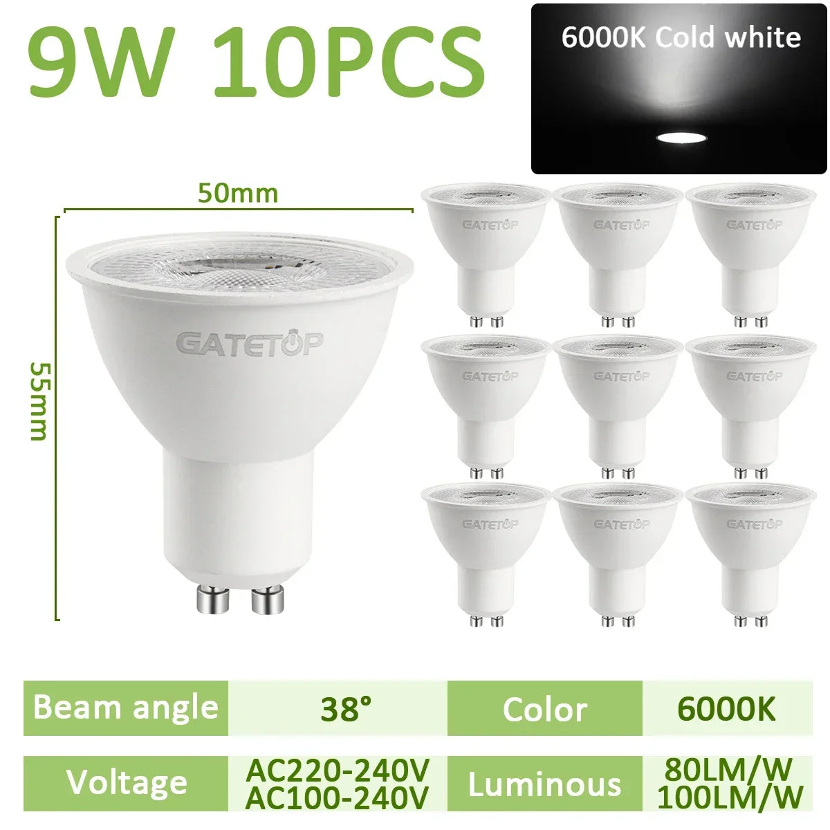 GU10 LED Spotlight Bulb SMD 2835 9W 38 or 120 Degree CRI 80 AC 100-240V No Flicker Track Lighting Living Room 10 Pack
