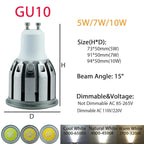 COB LED Spotlight Bulb 5W 7W 10W 15 Degree Epistar Multi Base E26 E12 E14 GU10 B22 Dimmable or Non-Dimmable AC 110V 85-265V Warm Neutral Cool White